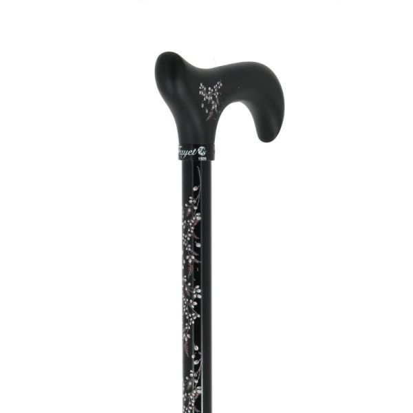 Cannes Fayet Canne de Marche Réglable Alu Noir Motif Floral 3D Poignée en Bois Noir