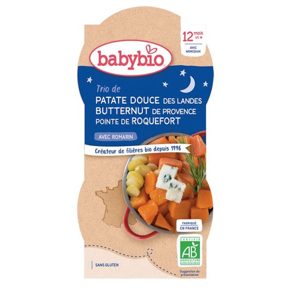 Babybio Soir Trio Patate Douce Butternut & Pointe de Roquefort +12m Bio - 2 x 200g