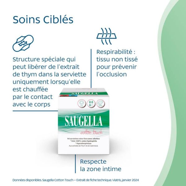 Saugella Cotton Touch 14 Serviettes Extra Fines Jour avec Ailettes