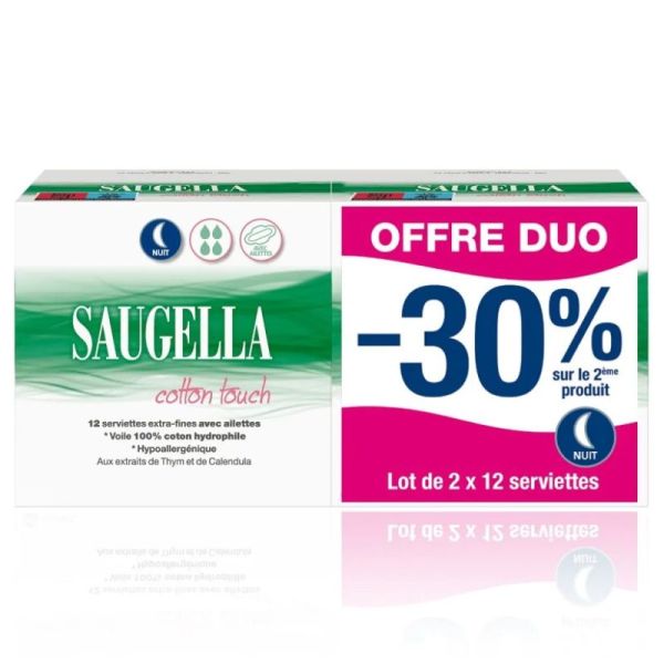 Saugella Cotton Touch Serviettes Hygiéniques Extra‑Fines Nuit - 2 x 12 Serviettes