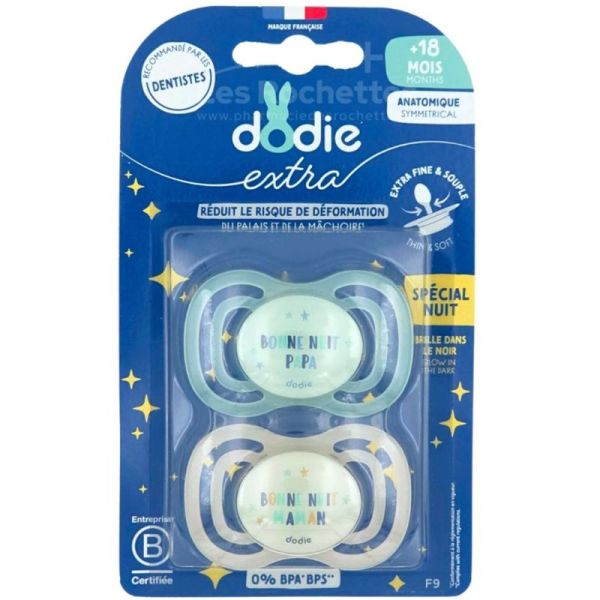 Dodie Extra Sucette Anatomique Silicone Nuit +18 mois Lot de 2 – Développement bucco-dentaire