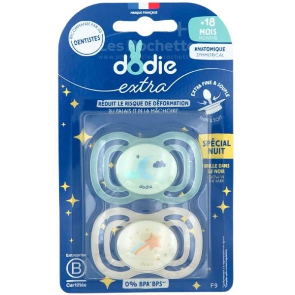 Dodie Extra Sucette Anatomique Silicone Nuit +18 mois Lot de 2 – Développement bucco-dentaire