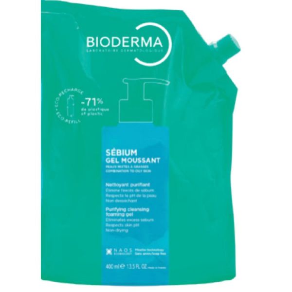 Bioderma Sebium Gel Moussant Nettoyant et Purifiant - Recharge de 400ml - Nettoie, purifie et régule l’excès de sébum