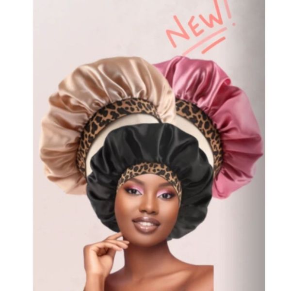 Nildor Bonnet de Nuit Satin Beige Léopard XL - Protège les cheveux longs et épais durant la nuit