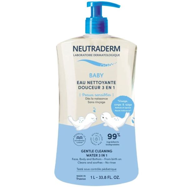 Neutraderm Baby Eau Nettoyante Douceur 3 en 1 - 1 Litre - Nettoie, apaise et protège la peau