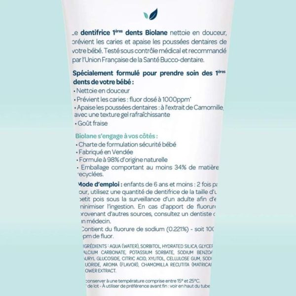 Biolane Dentifrice 1ères dents avec fluor 30 ml - Protection anti-caries et apaisement des poussées dentaires