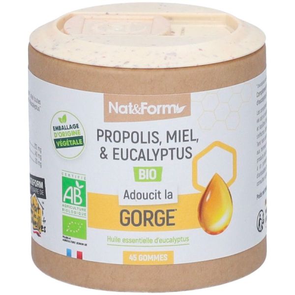 Nat&Form Gommes Propolis Bio - 45 gommes - Adoucissent la gorge et apportent confort respiratoire