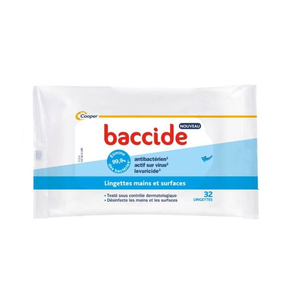 Baccide Lingettes Désinfectantes Mains et Surfaces - 32 Lingettes - Hygiène efficace à tout moment