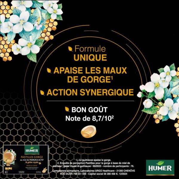 Humer Pastilles Gorge au Miel de Manuka 15+ & Gelée Royale - 16 Pastilles