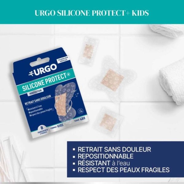 Urgo Silicone Protect + -  8 Pansements prédécoupés format kids dès 1 an - Tenue 48h