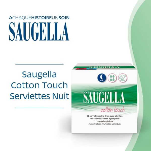 Saugella Cotton Touch 12 Serviettes Extra Fines Nuit Avec Ailettes