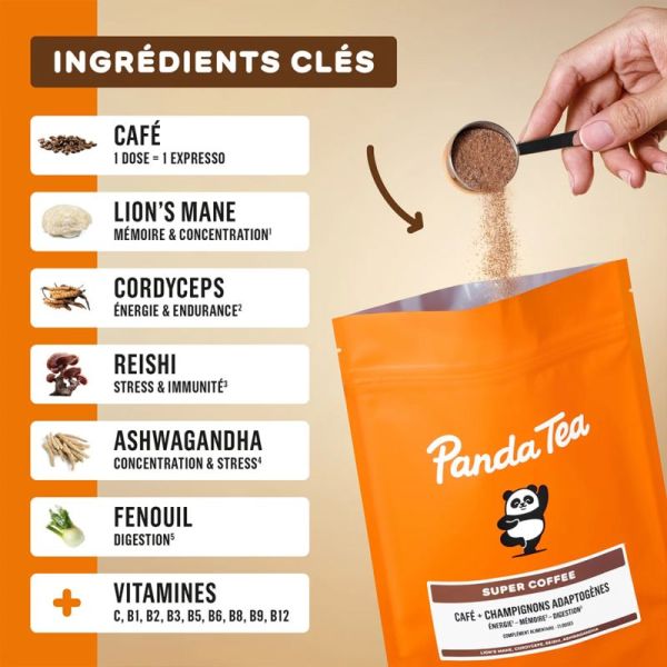 Panda Tea Super Coffee aux Champignons Adaptogènes 14 Sticks – Énergie et anti-fatigue