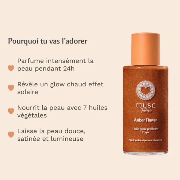 Musc Intime Huile Glow Pailletée Corps Amber Flower 100 ml – Huile sèche nutritive sublimatrice nacrée