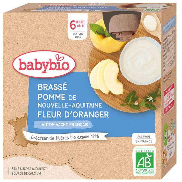 Babybio Gourde Brassé Pomme Fleur d'Oranger +6m Bio - 4 x 85g
