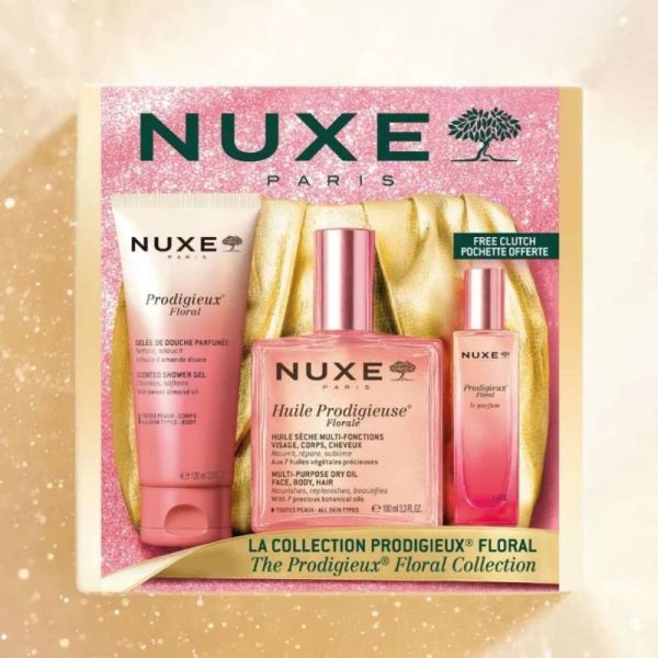 Nuxe Coffret Noël La Collection Prodigieux Floral 3 soins + pochette - Coffret cadeau floral pour sublimer le visage, le corps et les cheveux