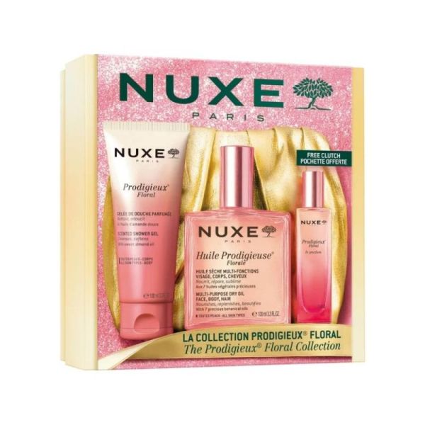Nuxe Coffret Noël La Collection Prodigieux Floral 3 soins + pochette - Coffret cadeau floral pour sublimer le visage, le corps et les cheveux