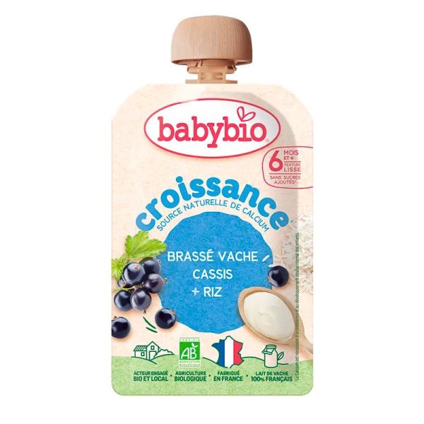 Babybio Brassé Croissance Gourde Brassé Vache Bio - 100g - Saveur Cassis + Riz - 6 Mois et Plus