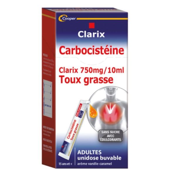 Cooper Clarix Expectorant Carbocistéine 750mg/10ml Adultes Toux Grasses - 15 Unidoses