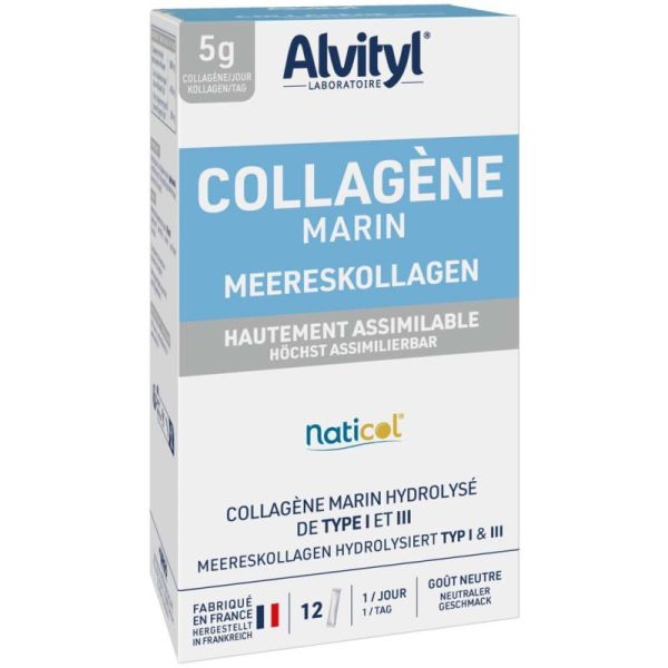 Alvityl Collagène Hydrolysé d'Origine Marine 5000mg - Type I & III - Soutien la Peau & les Articulations - 12 Sticks