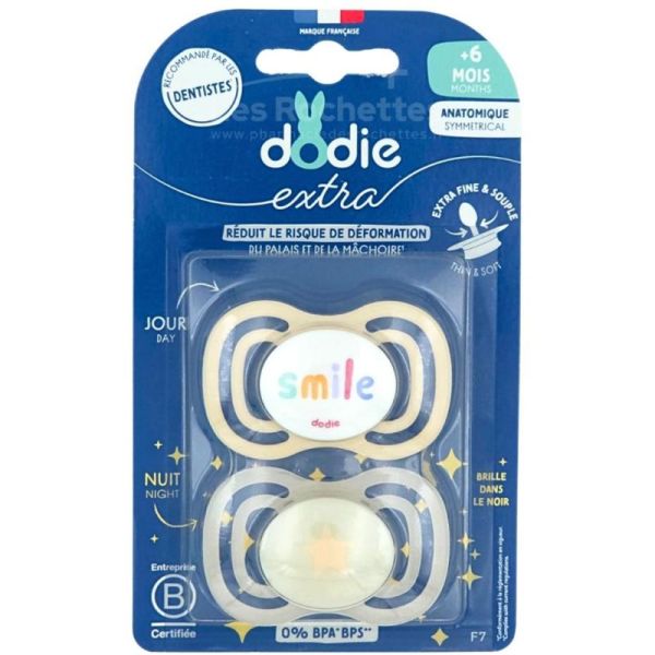 Dodie Extra Sucette Anatomique Silicone Jour Nuit +6 mois Lot de 2 – Développement bucco-dentaire