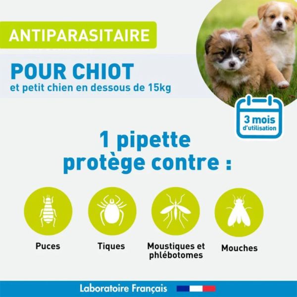 Vetoform Antiparasitaire pour Chien & Chiot - Moins de 15Kg - 3 pipettes - Protège contre puces, tiques et moustiques