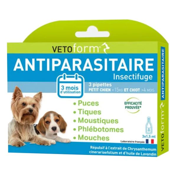 Vetoform Antiparasitaire pour Chien & Chiot - Moins de 15Kg - 3 pipettes - Protège contre puces, tiques et moustiques