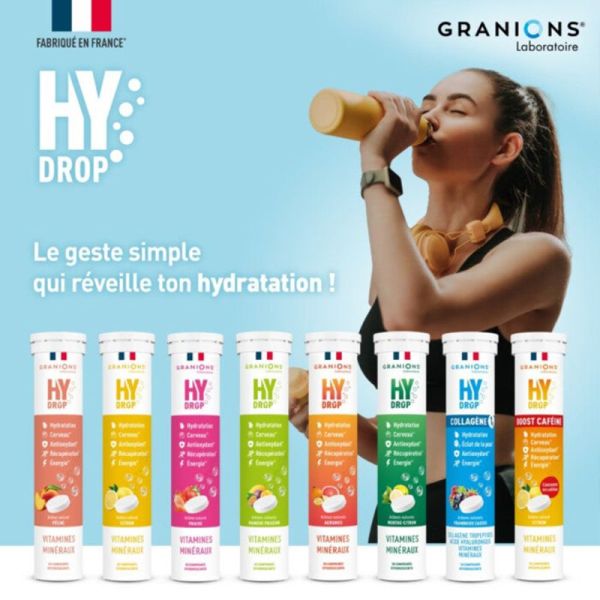 Granions Hydrop Collagène Framboise Cassis 18 Comprimés Effervescents – Hydratation et fermeté