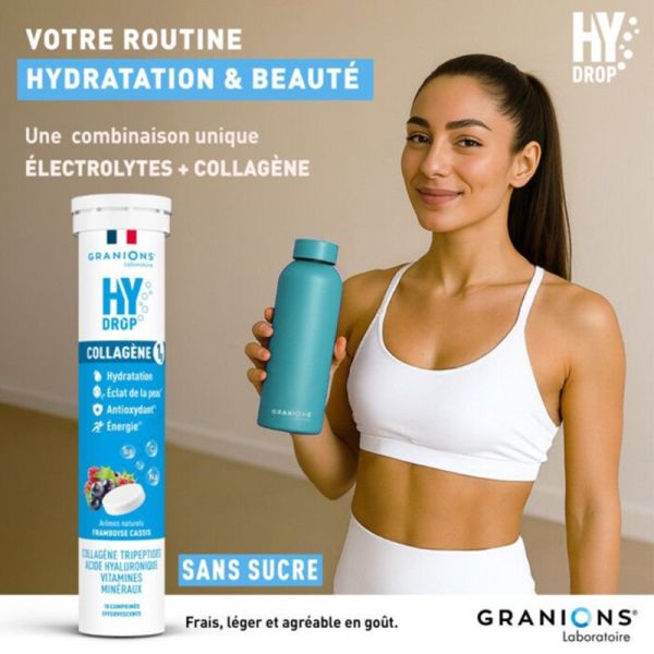 Granions Hydrop Collagène Framboise Cassis 18 Comprimés Effervescents – Hydratation et fermeté