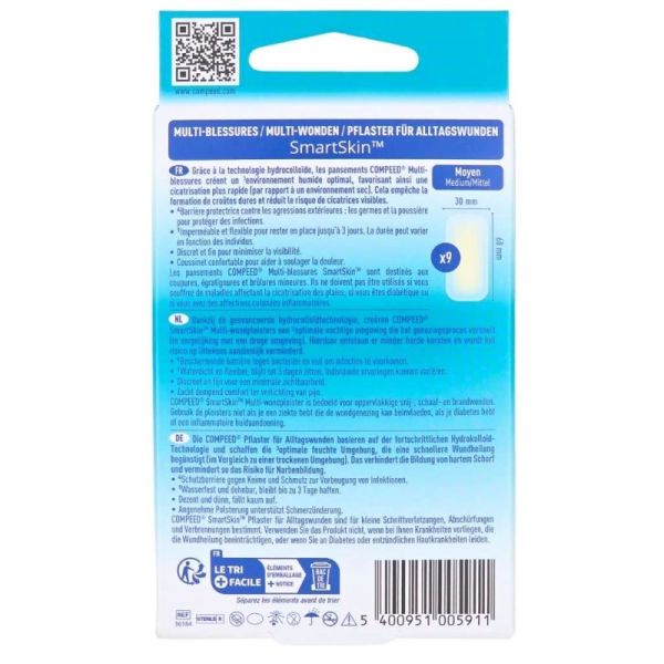 Compeed Multi-Blessures SmartSkin Moyen x9 - Cicatrisation accélérée et protection imperméable