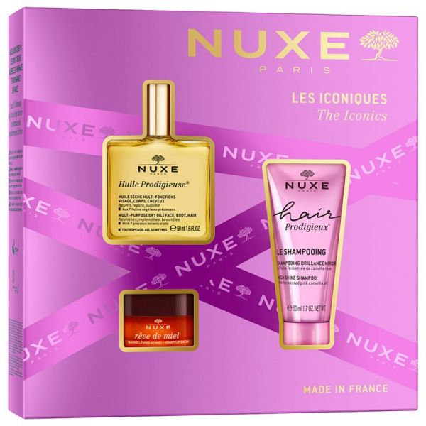 Nuxe Coffret Les Iconiques - Huile Prodigieuse + Baume Lèvres Rêve de Miel + Shampooing Hair Prodigieux