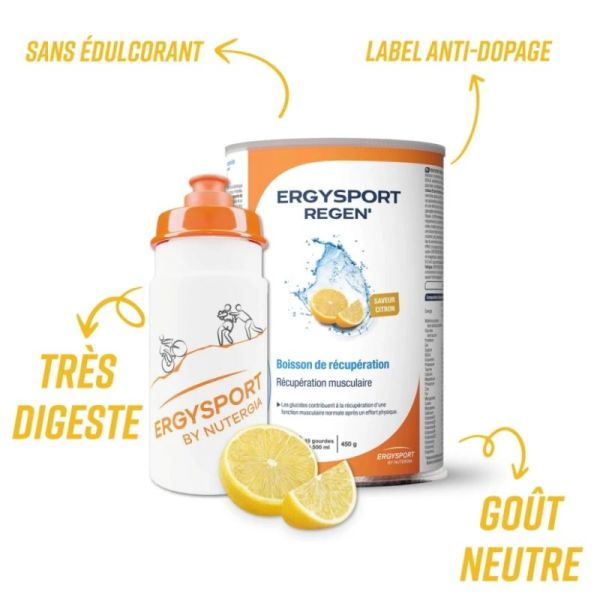 Ergysport Regen' Citron 450g - Boisson de récupération complète pour sportifs (15 gourdes de 500 ml)
