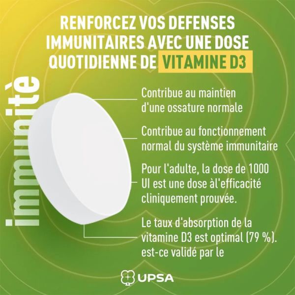 UPSA Immunité Vitamine D3 1000 UI 30 Comprimés – Ossature et défenses naturelles