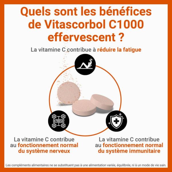Vitascorbol Vitamine C 1000mg - 15 Comprimés Effervescents - Saveur Orange/Ananas - Boost de vitamine C