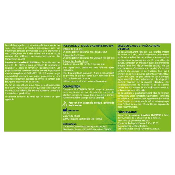Clariver Toux Solution Buvable Dès 3 ans - 175ml - Soulage et protège les voies respiratoires