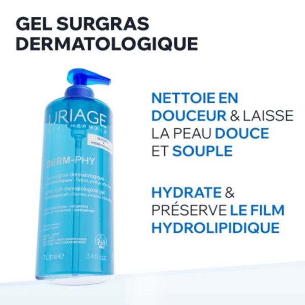 Uriage Derm-Phy Gel surgras dermatologique 1L - Nettoie, hydrate et protège toute la famille
