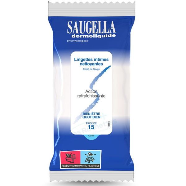 Saugella Dermoliquide Pack de 15 Lingettes Intimes Individuelles