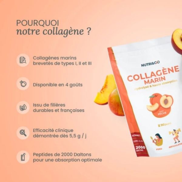 Nutri&Co Collagène Marin 540g goût pêche - Fermeté de la peau et confort articulaire