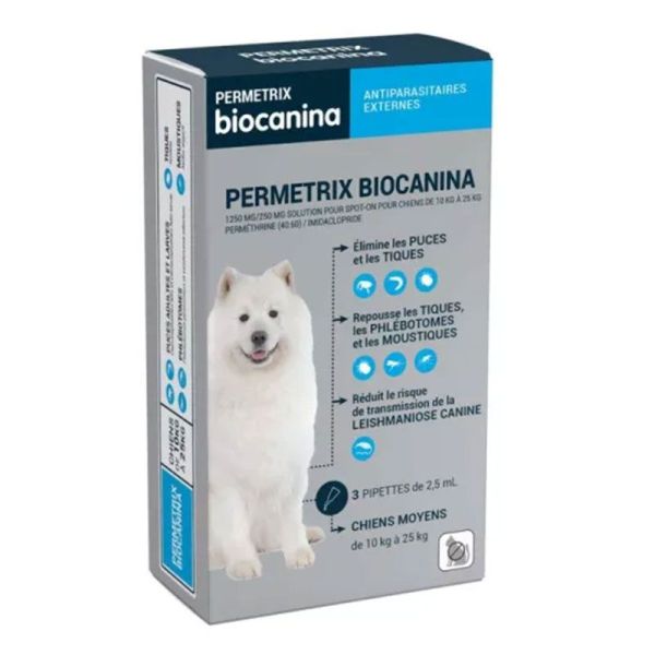 Biocanina Permetrix 1250 mg/250 mg Chiens Moyens 10 à 25 kg – 3 Pipettes x 2,5 ml – Antiparasitaire