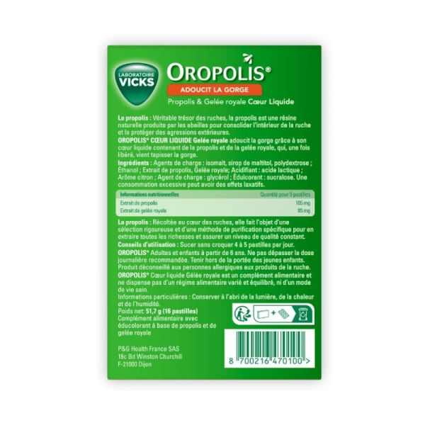 Vicks Oropolis - Adoucit la Gorge - Propolis et Gelée Royale Coeur Liquide - 16 pastilles citron