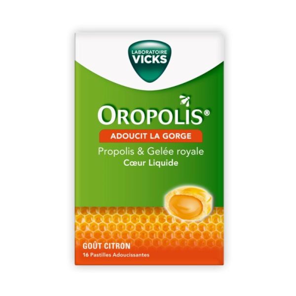 Vicks Oropolis - Adoucit la Gorge - Propolis et Gelée Royale Coeur Liquide - 16 pastilles citron