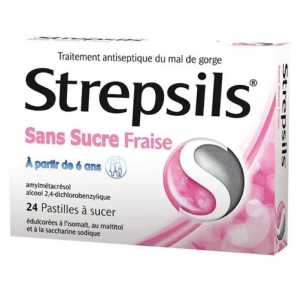 Strepsils fraise sans sucre 24 pastilles