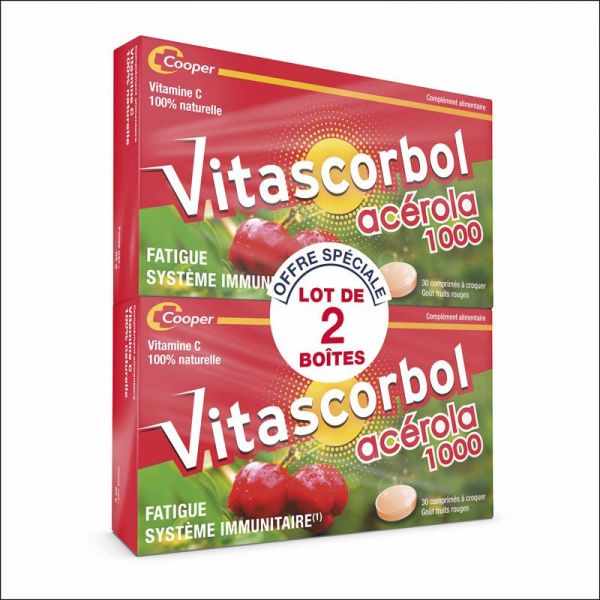 Vitascorbol Acérola 1000 - Lot de 2 x 30 comprimés à croquer - Vitalité naturelle à base de vitamine C