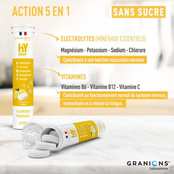 Granions Hydrop Électrolytes Citron 20 Comprimés Effervescents – Hydratation et énergie
