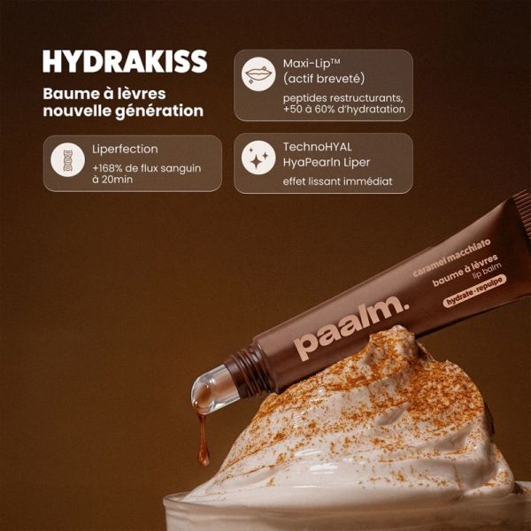 Paalm Baume à Lèvres Hydrakiss Caramel Macchiato 15 ml – Baume à lèvres peptides, HA et phyto-plumper marron glossy