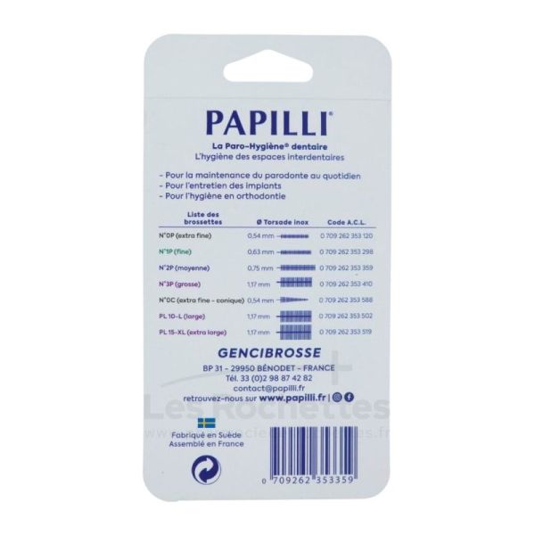 Papilli Plast Brossette Interdentaire - N°2P - Moyenne - 0,75mm - Souple et Sans Plastique - Lot de 10