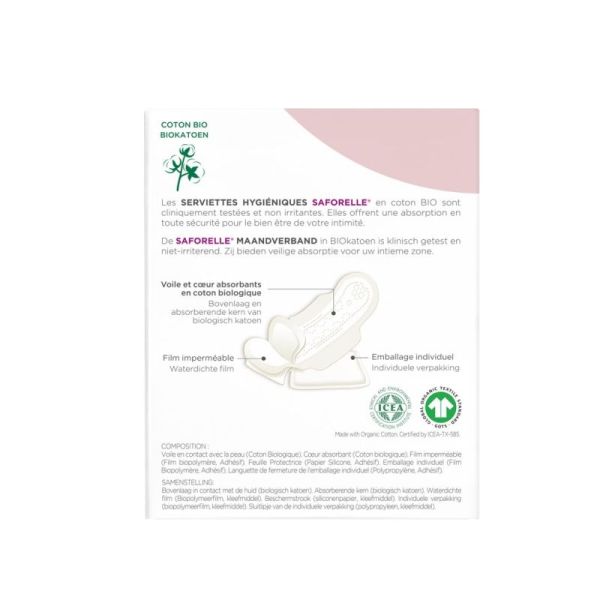 Saforelle Serviettes Hygiéniques Jour Avec Ailettes Coton Bio 10 unités - Protection Douce et Confortable