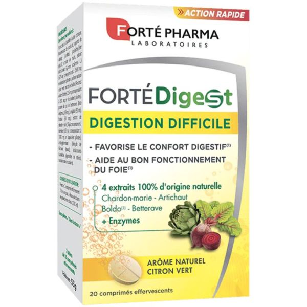 Forté Pharma FortéDigest Digestion Difficile - 20 comprimés effervescents - Facilite la digestion et soutient le foie