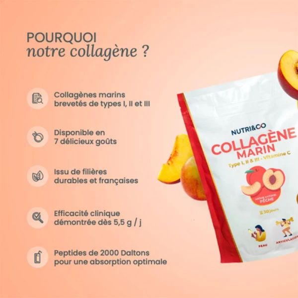 Nutri&Co Le Collagène Marin Type I II III et Vitamine C Pêche 180g – Jeunesse et articulations