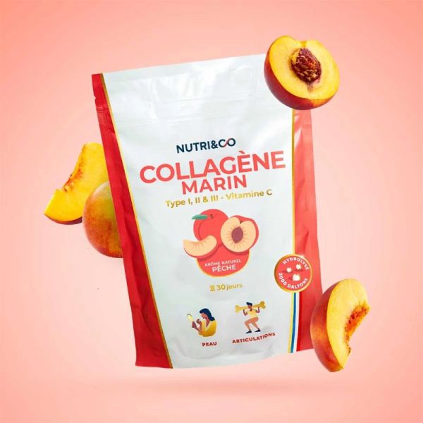 Nutri&Co Le Collagène Marin Type I II III et Vitamine C Pêche 180g – Jeunesse et articulations
