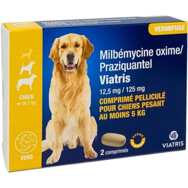 Viatris Milbemycine / Praziquantel Vermifuge Chien - + 5 kilos - 2 comprimés - Vermifuge large spectre